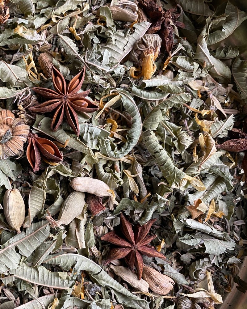 Gut Feeling loose-leaf blend closely observed from above — lemon verbena leaves, star anise and cardamom pods.